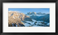 Framed Snowy valley in winter, St. Magdalena, Geisler Spitzen, Val di Funes, Dolomites, Trentino-Alto Adige, South Tyrol, Italy