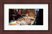 Framed Fishmonger at a fish stall, La Boqueria Market, Ciutat Vella, Barcelona, Catalonia, Spain