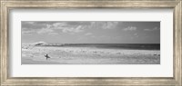 Framed Surfer standing on the beach in black and white, Oahu, Hawaii