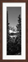 Framed Lake in front of mountains in black and white, Banff, Alberta, Canada