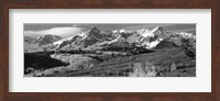 Framed Mountains covered with snow and fall colors, near Telluride, Colorado (black and white)