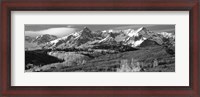 Framed Mountains covered with snow and fall colors, near Telluride, Colorado (black and white)