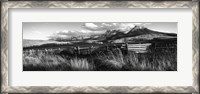 Framed Fence with mountains in the background, Colorado (black and white)