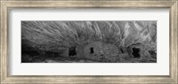 Framed Dwelling structures on a cliff in black and white, Anasazi Ruins, Mule Canyon, Utah, USA