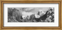 Framed Black and white view of Mountains and waterfall in snow, El Capitan, Yosemite National Park, California