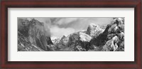 Framed Black and white view of Mountains and waterfall in snow, El Capitan, Yosemite National Park, California