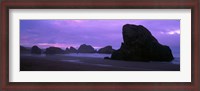 Framed Silhouette of rock formations in the sea against a pink sky, Myers Creek Beach, Oregon