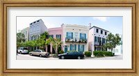 Framed Rainbow row colorful houses along a street, East Bay Street, Charleston, South Carolina, USA