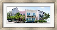 Framed Rainbow row colorful houses along a street, East Bay Street, Charleston, South Carolina, USA