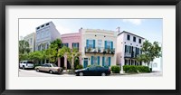 Framed Rainbow row colorful houses along a street, East Bay Street, Charleston, South Carolina, USA