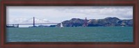 Framed Suspension bridge with a mountain range in the background, Golden Gate Bridge, Marin Headlands, San Francisco, California, USA