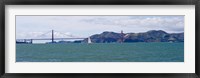 Framed Suspension bridge with a mountain range in the background, Golden Gate Bridge, Marin Headlands, San Francisco, California, USA