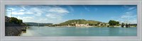 Framed Town at the waterfront, vineyards on the hill in background, Tain-l'Hermitage, Rhone River, Rhone-Alpes, France