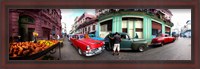 Framed 360 degree view of old cars and fruit stand on a street, Havana, Cuba