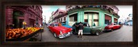 Framed 360 degree view of old cars and fruit stand on a street, Havana, Cuba