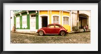 Framed Small old red car parked in front of colorful building, Pelourinho, Salvador, Bahia, Brazil