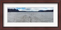 Framed Track created by one of the mysterious moving rocks at the Racetrack, Death Valley, Death Valley National Park, California, USA