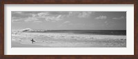 Framed Surfer standing on the beach in black and white, Oahu, Hawaii