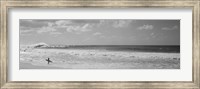 Framed Surfer standing on the beach in black and white, Oahu, Hawaii