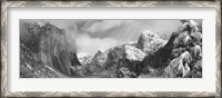 Framed Black and white view of Mountains and waterfall in snow, El Capitan, Yosemite National Park, California