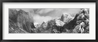 Framed Black and white view of Mountains and waterfall in snow, El Capitan, Yosemite National Park, California