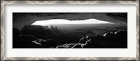 Framed Mesa arch at sunrise in black and white, Canyonlands National Park, Utah