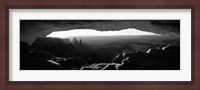 Framed Mesa arch at sunrise in black and white, Canyonlands National Park, Utah