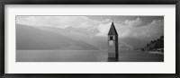 Framed Clock tower in a lake, Reschensee, Italy (black and white)
