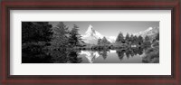 Framed Reflection of trees and mountain in a lake, Matterhorn, Switzerland (black and white)