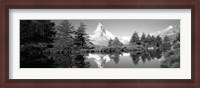 Framed Reflection of trees and mountain in a lake, Matterhorn, Switzerland (black and white)