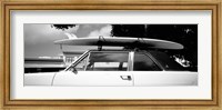 Framed California, Surf board on roof of car (black and white)