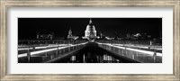 Framed Bridge lit up at night, London Millennium Footbridge, St. Paul's Cathedral, Thames River, London, England