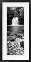 Framed Waterfall In A Forest, Thomason Foss, Goathland, North Yorkshire, England, United Kingdom (black and white)
