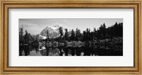 Framed Reflection of trees and mountains in a lake, Mount Shuksan, North Cascades National Park, Washington State (black and white)