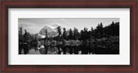 Framed Reflection of trees and mountains in a lake, Mount Shuksan, North Cascades National Park, Washington State (black and white)