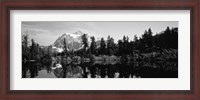 Framed Reflection of trees and mountains in a lake, Mount Shuksan, North Cascades National Park, Washington State (black and white)