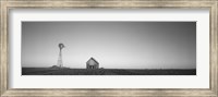 Framed Farmhouse and Windmill in a Field, Illinois (black & white)
