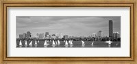 Framed Black and white view of boats on a river by a city, Charles River,  Boston