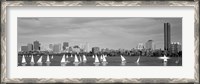 Framed Black and white view of boats on a river by a city, Charles River,  Boston