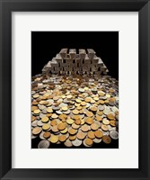Framed Stack of sliver ingots and pile of coins
