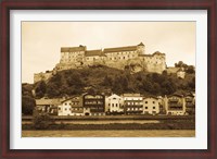 Framed Castle at the waterfront, Burghausen Castle, Salzach River, Burghausen, Bavaria, Germany
