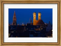 Framed Town hall with a church at night, Munich Cathedral, New Town Hall, Munich, Bavaria, Germany