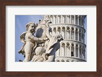 Framed La Fontana dei Putti in front of Leaning Tower of Pisa, Pisa, Tuscany, Italy