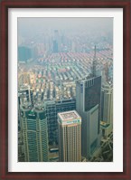 Framed Aerial view of new Pudong district housing, Shanghai, China