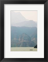 Framed Boat in the river with foggy mountains in the background, Xiling Gorge, Yangtze River, Hubei Province, China