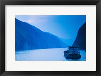 Framed Container ship in the river at sunset, Wu Gorge, Yangtze River, Hubei Province, China