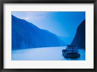 Framed Container ship in the river at sunset, Wu Gorge, Yangtze River, Hubei Province, China