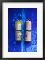 Framed Fire extinguishers on Blue Temple wall, Mingshan, Fengdu Ghost City, Fengdu, Yangtze River, Chongqing Province, China