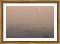 Framed Foggy city view from Yikeshu viewing platform at dusk, Chongqing, Yangtze River, Chongqing Province, China
