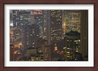 Framed High angle view of buildings lit up at dusk, Central District, Hong Kong